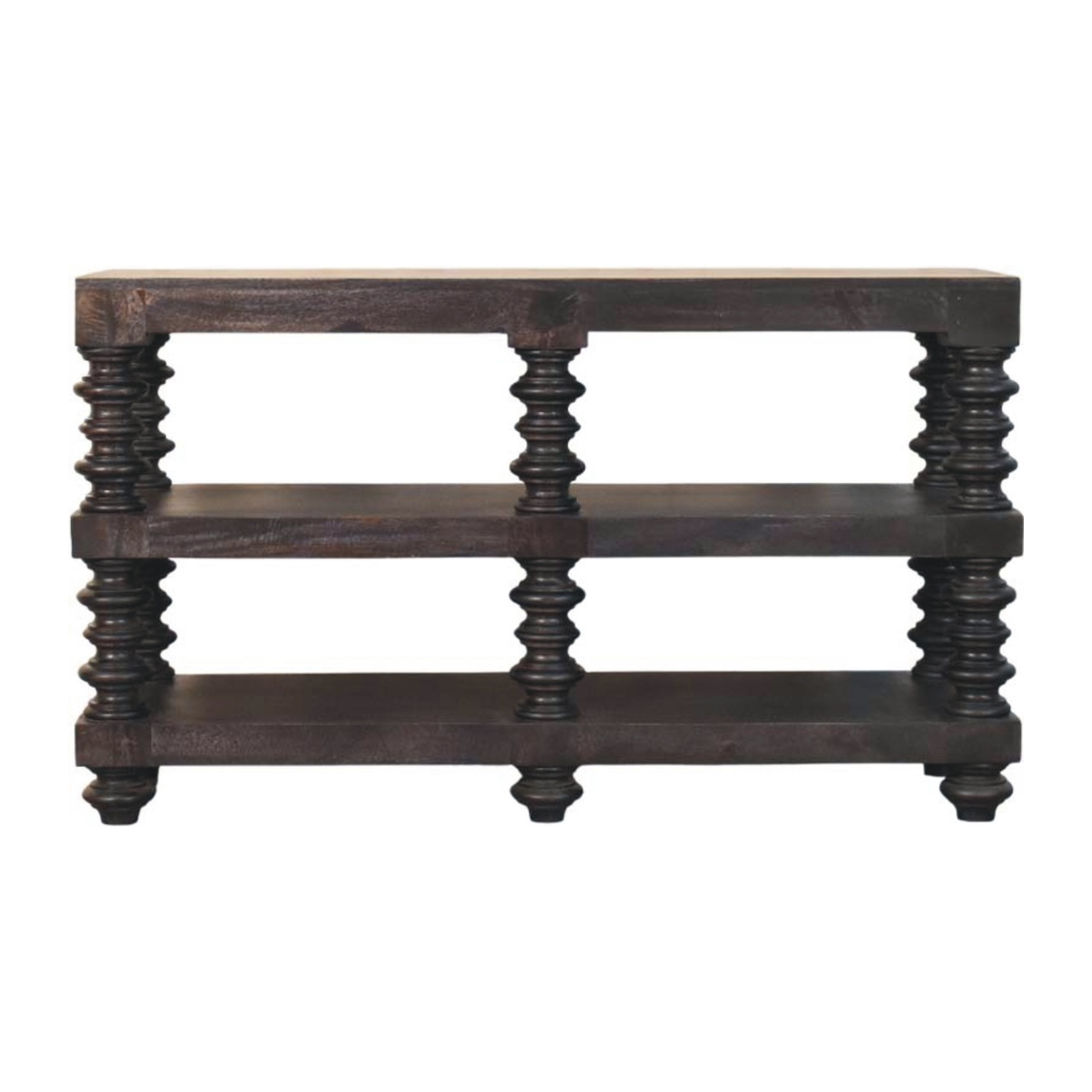 Artisan Furniture Solid Wood Spindle Shelf Console with 2 Open Slots – Hallway Console or Bookshelf, Dark Brown