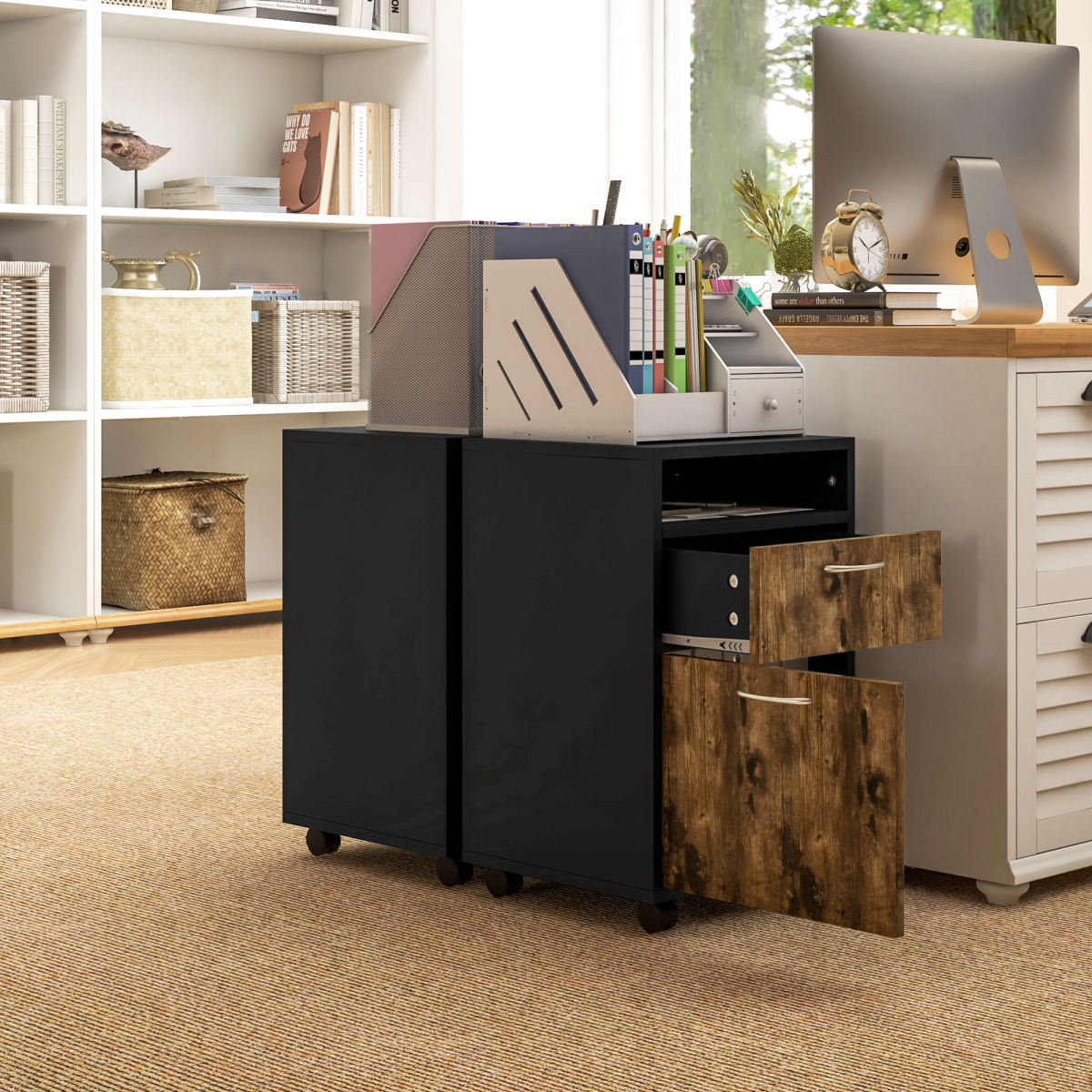 HOMCOM 60cm Mobile Storage Cabinet with Drawers, Open Shelf and Lockable Wheels – Home Office, Rustic Brown