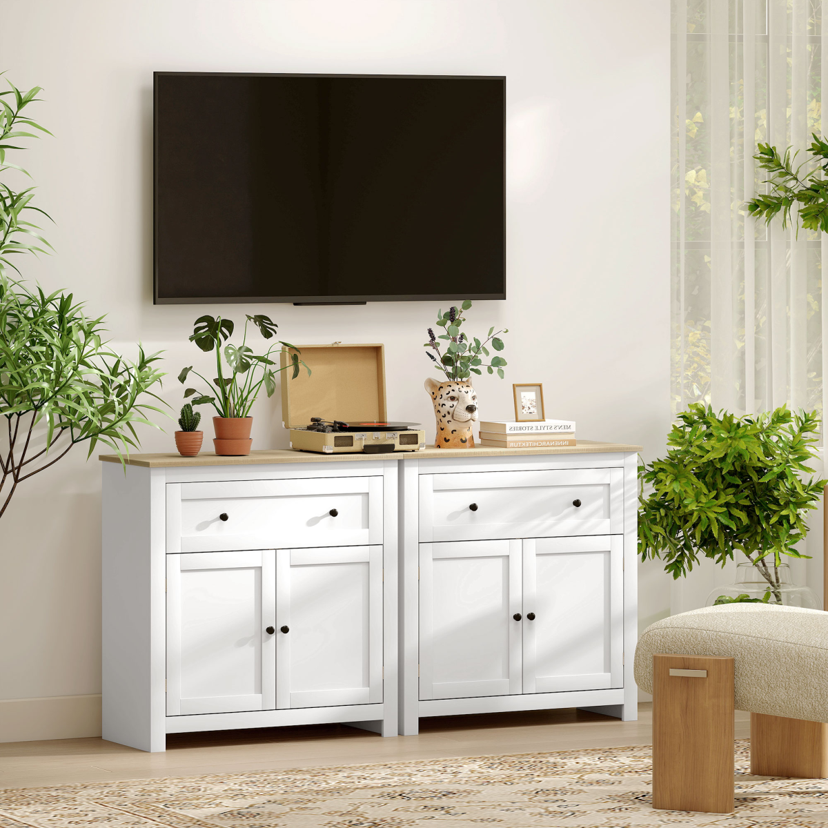 Kitchen Sideboard Storage Cabinet with Drawer & Adjustable Shelves – Freestanding Cupboard, White and Oak