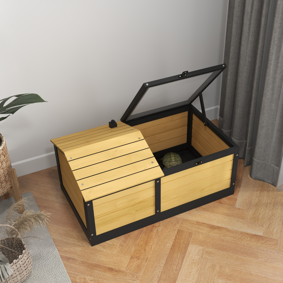 PawHut Wooden Tortoise House with Hide Shelter Den, Run & Openable Roof – Small Reptile Habitat, Yellow