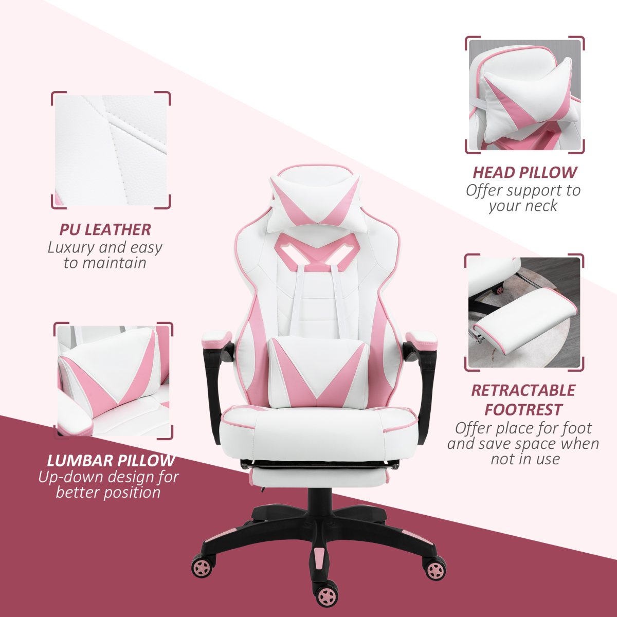 Vinsetto Reclining Racing Gaming Chair with Footrest & 170° Recline – Ergonomic Office Chair, Pink