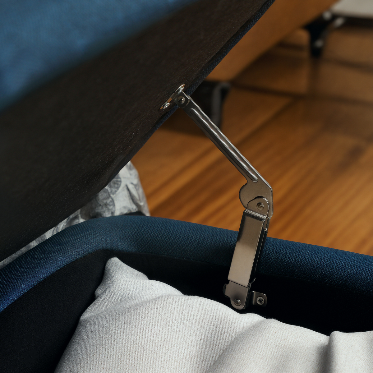 Storage Ottoman Bench with Padded Lid & Steel Legs – 102cm Linen-Touch Footstool with Hidden Storage, Dark Blue