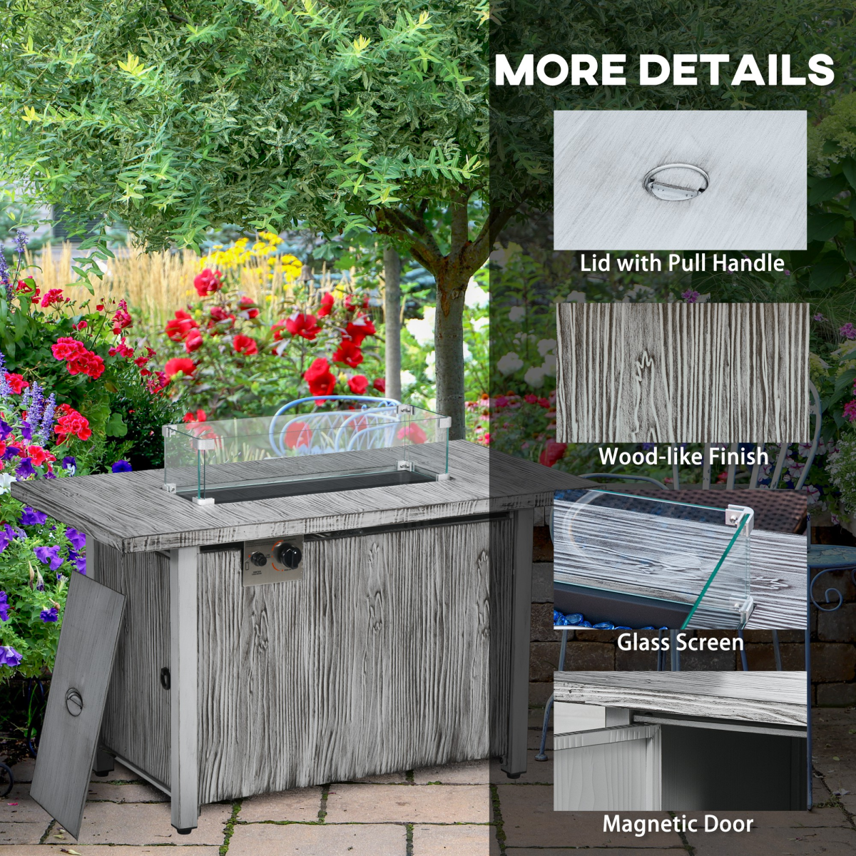 Outsunny 50,000 BTU Propane Gas Fire Pit Table with Waterproof Cover and Glass Screen, Wood-Effect Grey