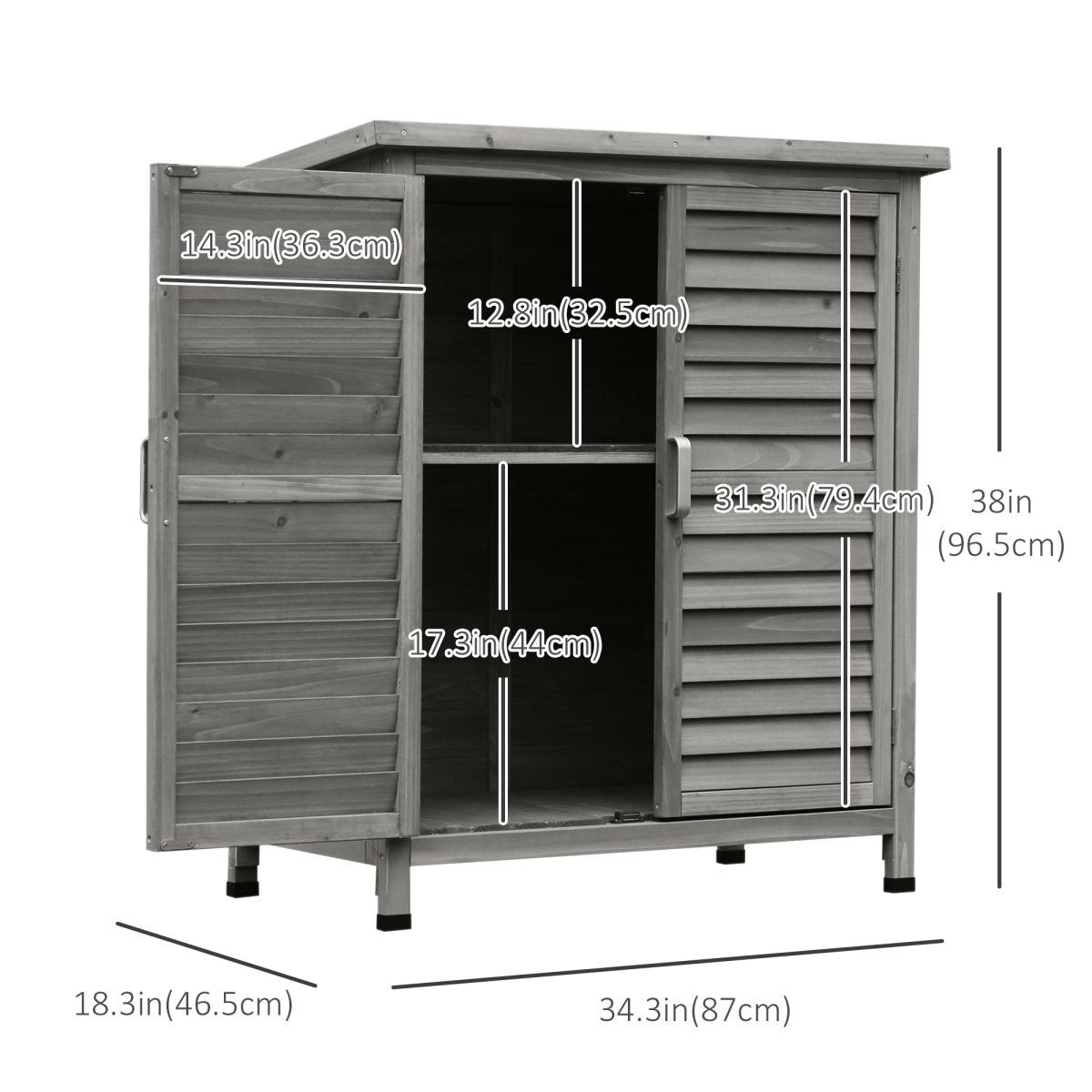 Wooden Garden Storage Shed with 2 Shelves, Slatted Doors & Asphalt Roof – Fir Wood Outdoor Tool Cabinet, Grey
