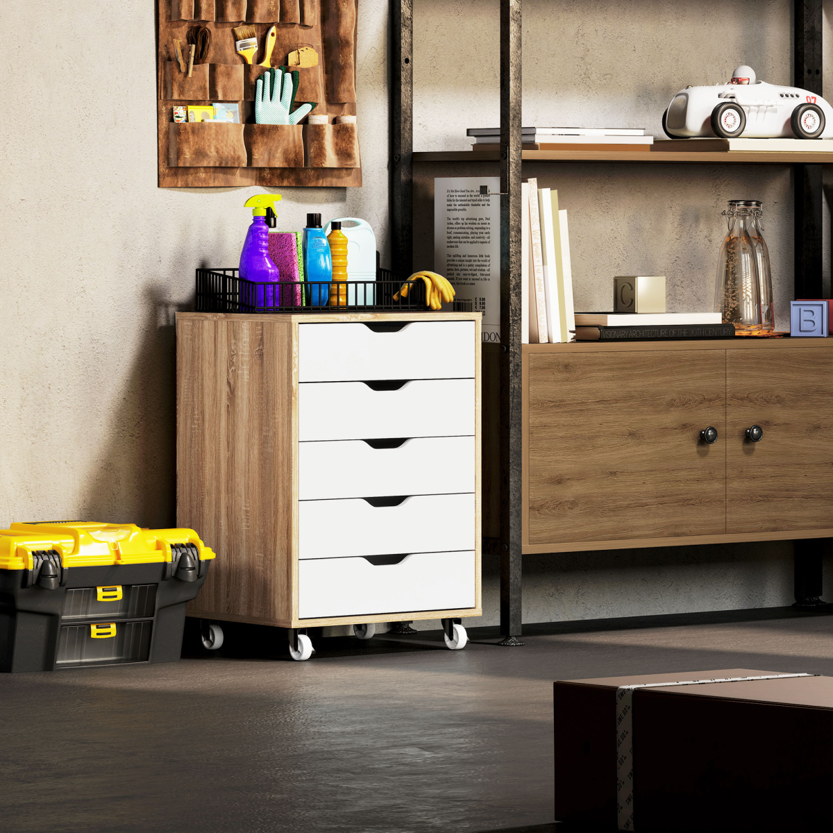 Vinsetto Mobile Filing Cabinet with 5 Drawers and Lockable Wheels – Home Office Storage Unit, Oak