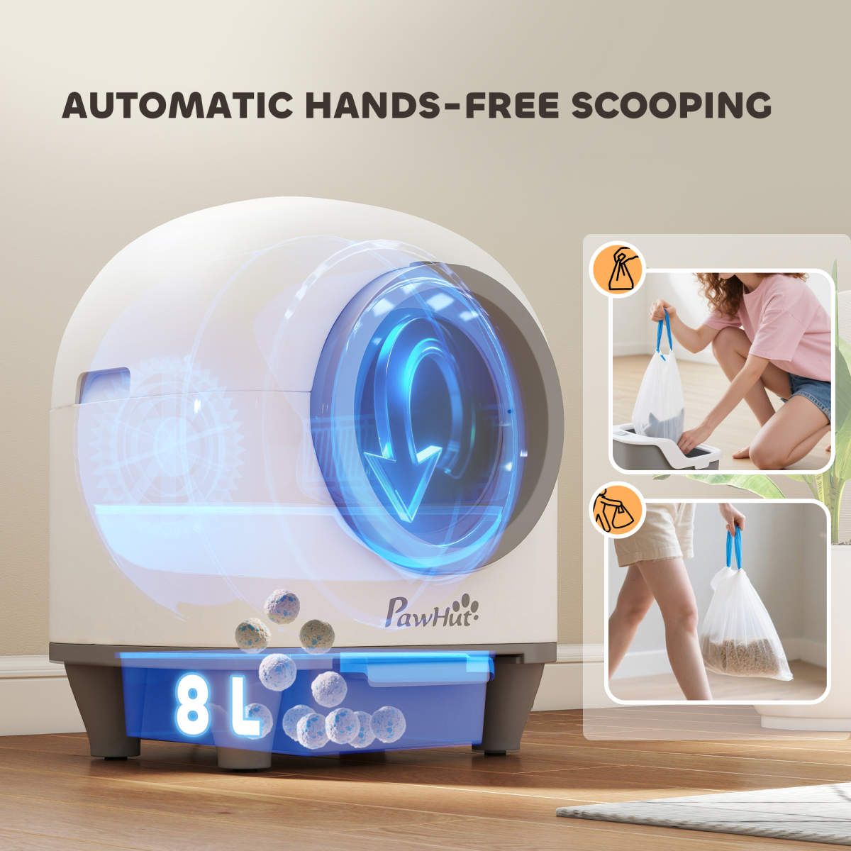 Self-Cleaning Cat Litter Box with App Control, 12 Safety Sensors & 80L Capacity – Automatic Scooping, White & Grey