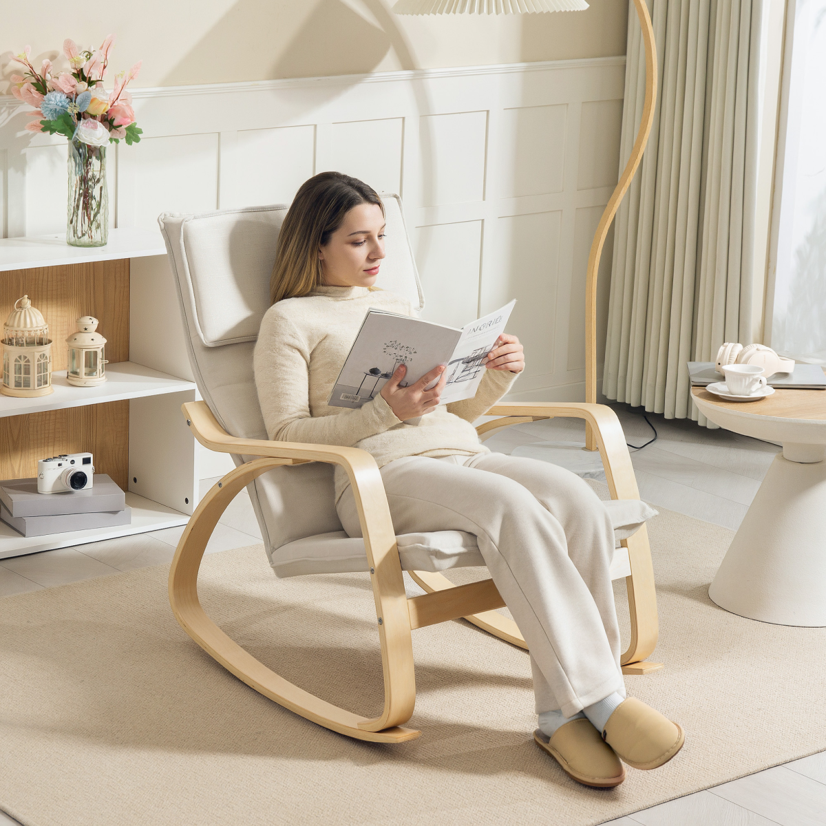 HOMCOM High Back Relax Rocking Chair with Padded Seat & Linen-Feel Fabric – Cream White