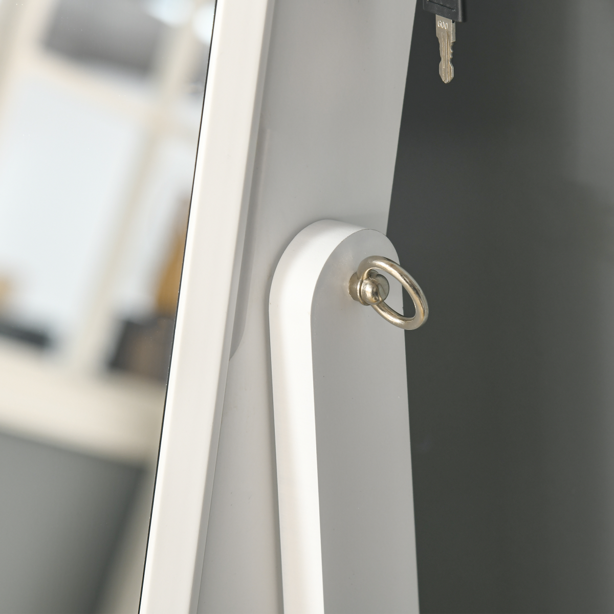 Lockable Mirrored Jewellery Cabinet with Adjustable Long Mirror, 4 Shelves & Necklace Hooks – White Armoire