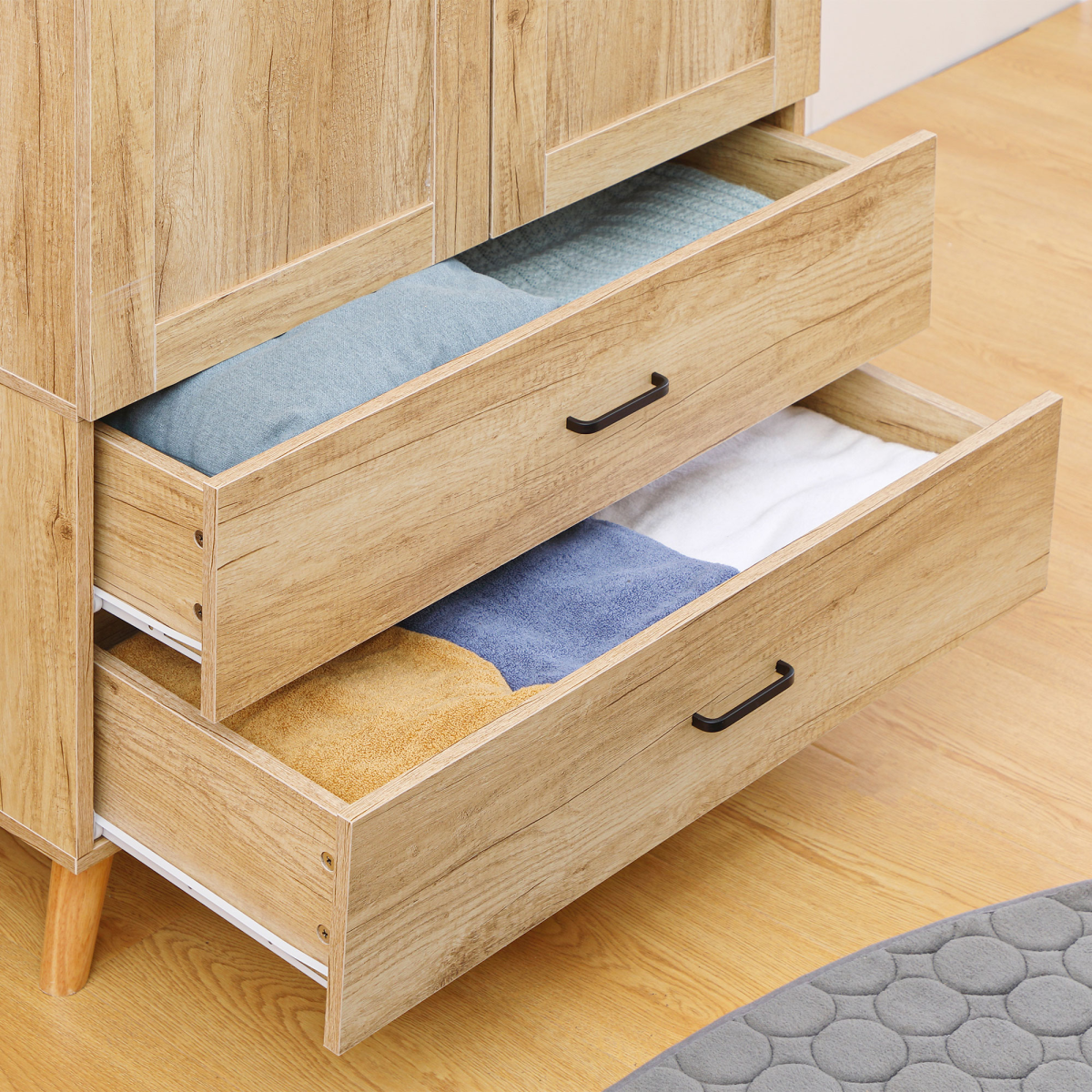 HOMCOM Modern 2-Door Wardrobe with 2 Drawers & Hanging Rail – Natural Bedroom Storage
