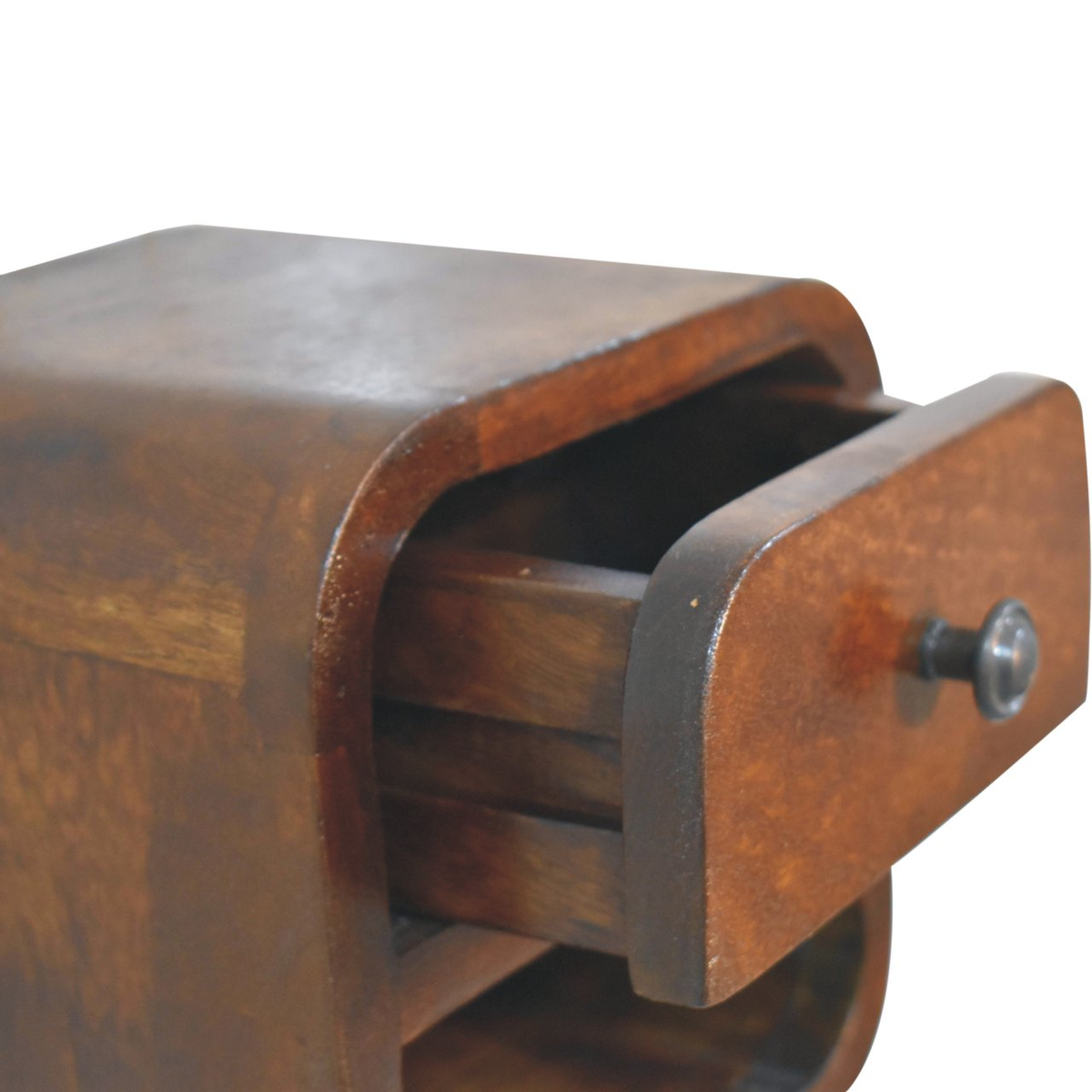 Artisan Furniture Extra Mini Curved Bedside Table with Drawer & Open Slot – Solid Mango Wood, Chestnut, Brown