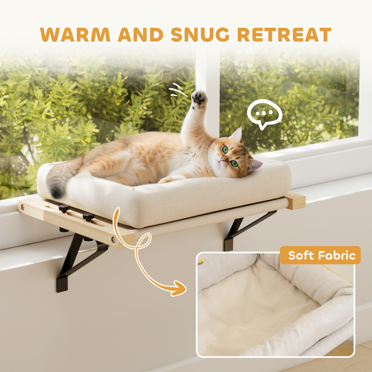 PawHut Cat Radiator Bed with Adjustable Bracket, Hanging Hammock & Cushion – Pine Wood Window Perch, Cream