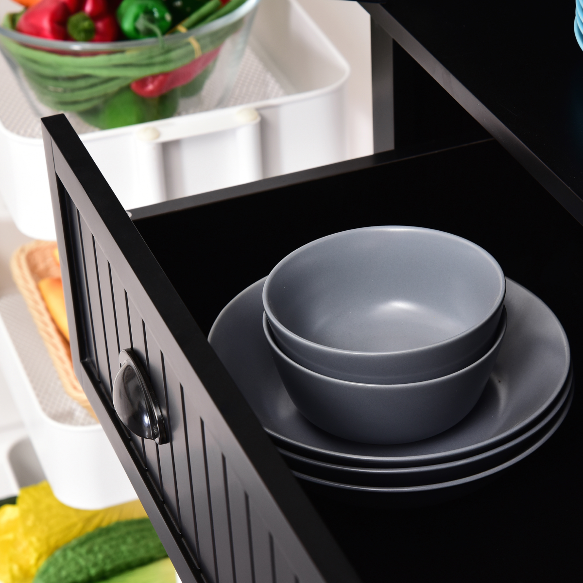 Freestanding Kitchen Storage Cabinet with Drawers, Cupboards & Adjustable Shelves – Open Appliance Space, Black