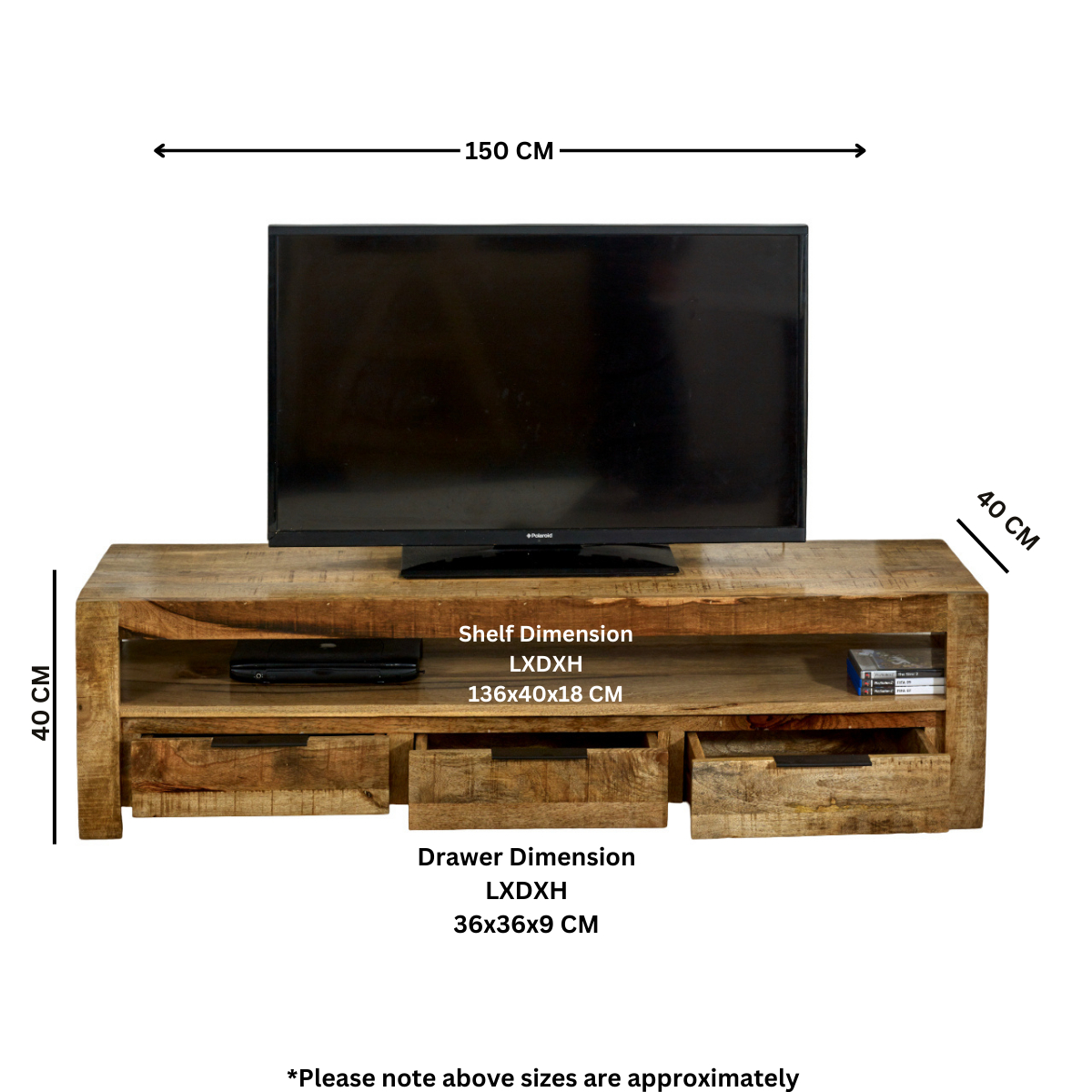Surrey Solid Mango Wood Large TV Unit with 3 Drawers – Handmade Media Storage, Natural Finish