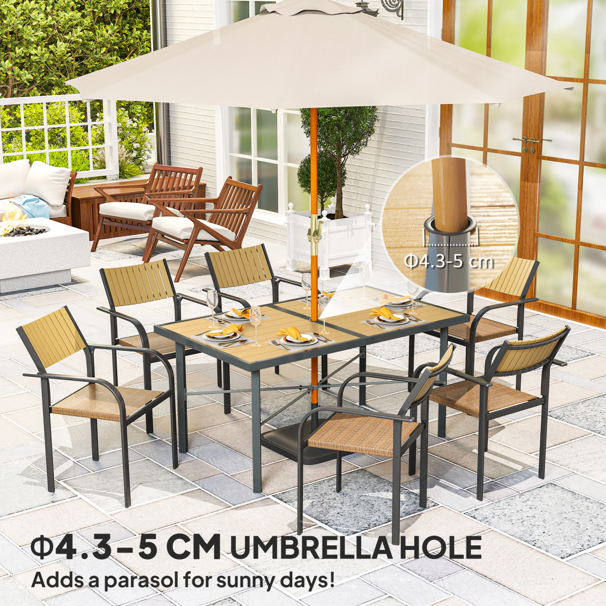 Outsunny Garden Table for 6 with Wood-Effect Galvanised Steel Top & 5cm Umbrella Hole – Outdoor Dining, Grey