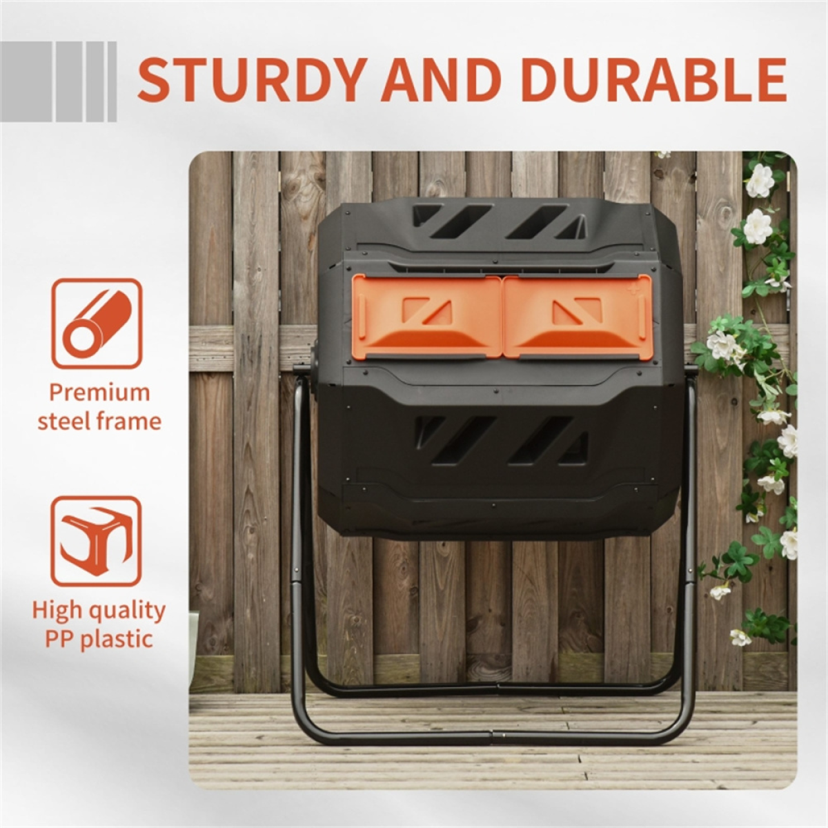 Dual Chamber Tumbling Compost Bin with 360° Rotation & Ventilation – 42.3 Gallon Garden Composter, Orange