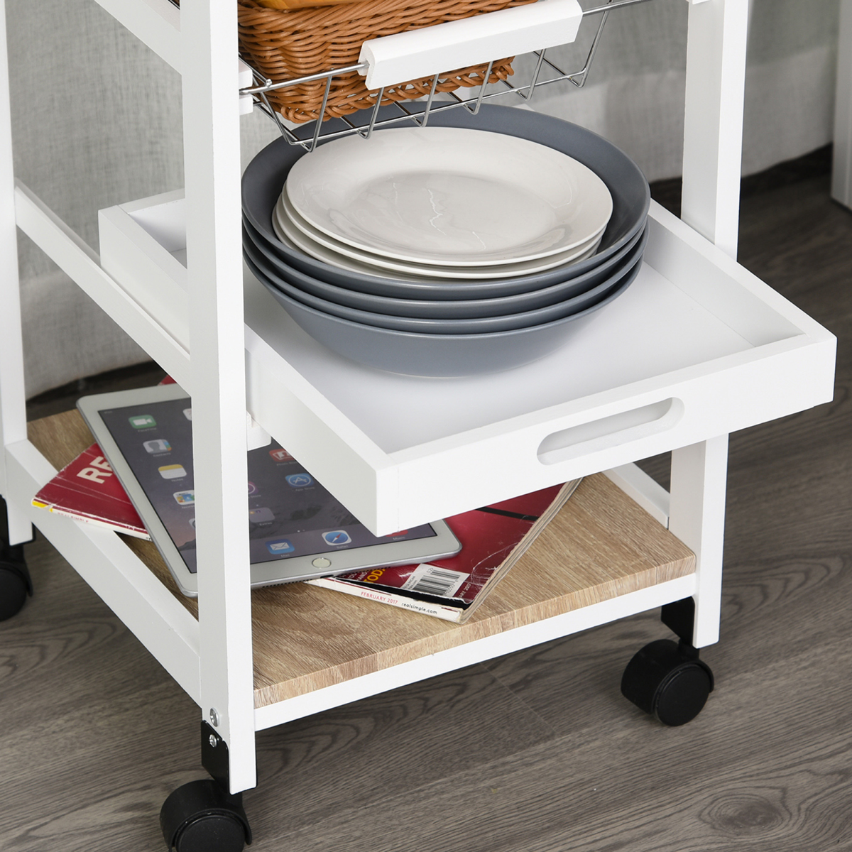 HOMCOM 5-Tier Kitchen Storage Trolley with Drawer, Wire Baskets & Pull-Out Tray – White