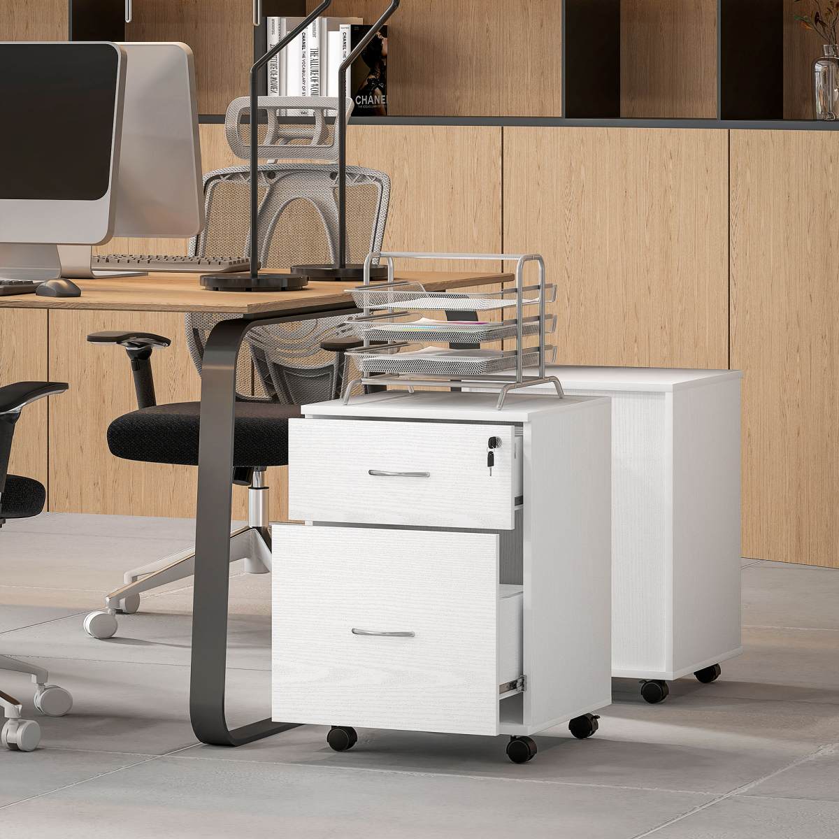HOMCOM Mobile Office Pedestal Filing Cabinet with 2 Drawers, Lock and Wheels – Under Desk Storage, White