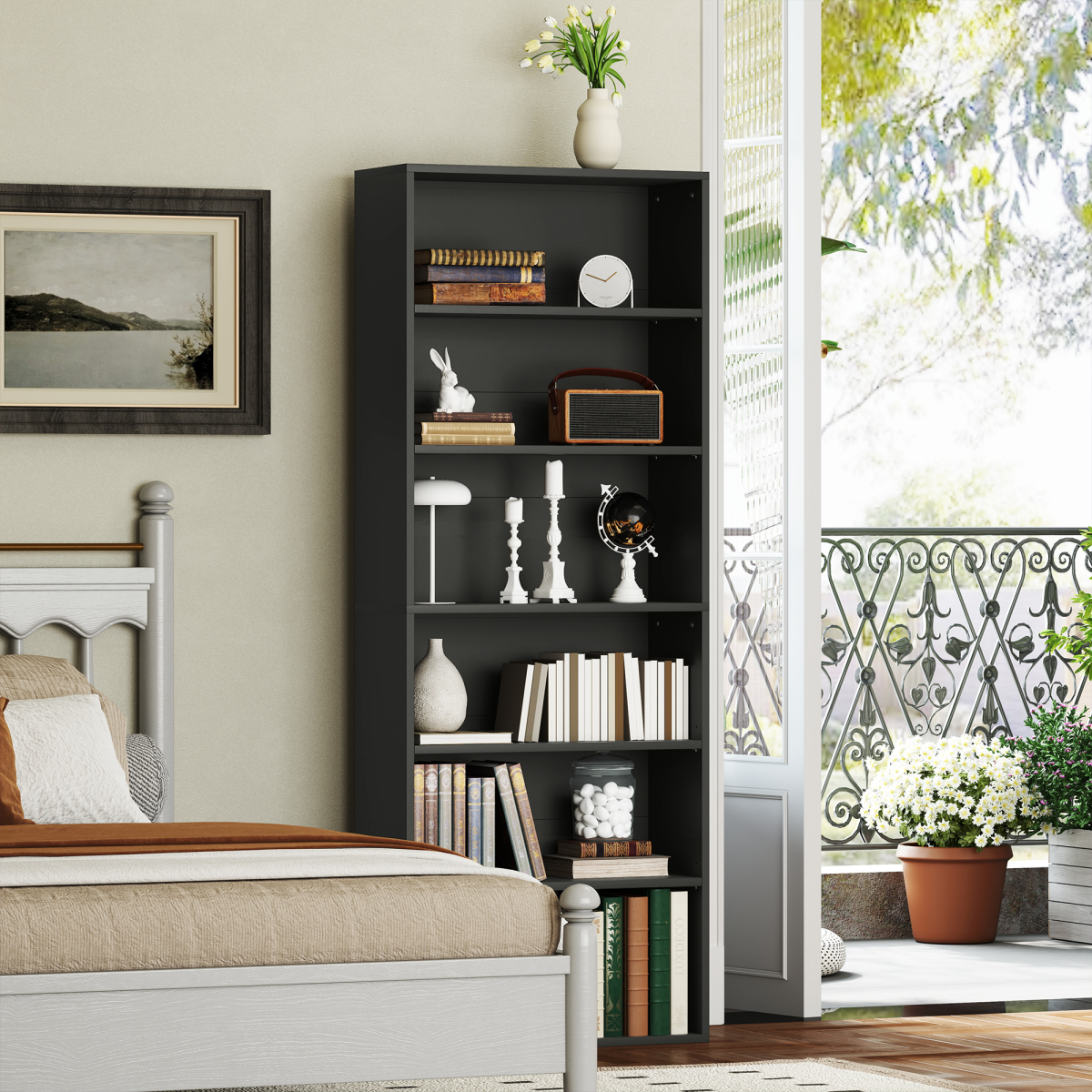 HOMCOM 6 Tier Bookshelf with 4 Adjustable Shelves and Anti-Tip Straps – Freestanding Bookcase, Black