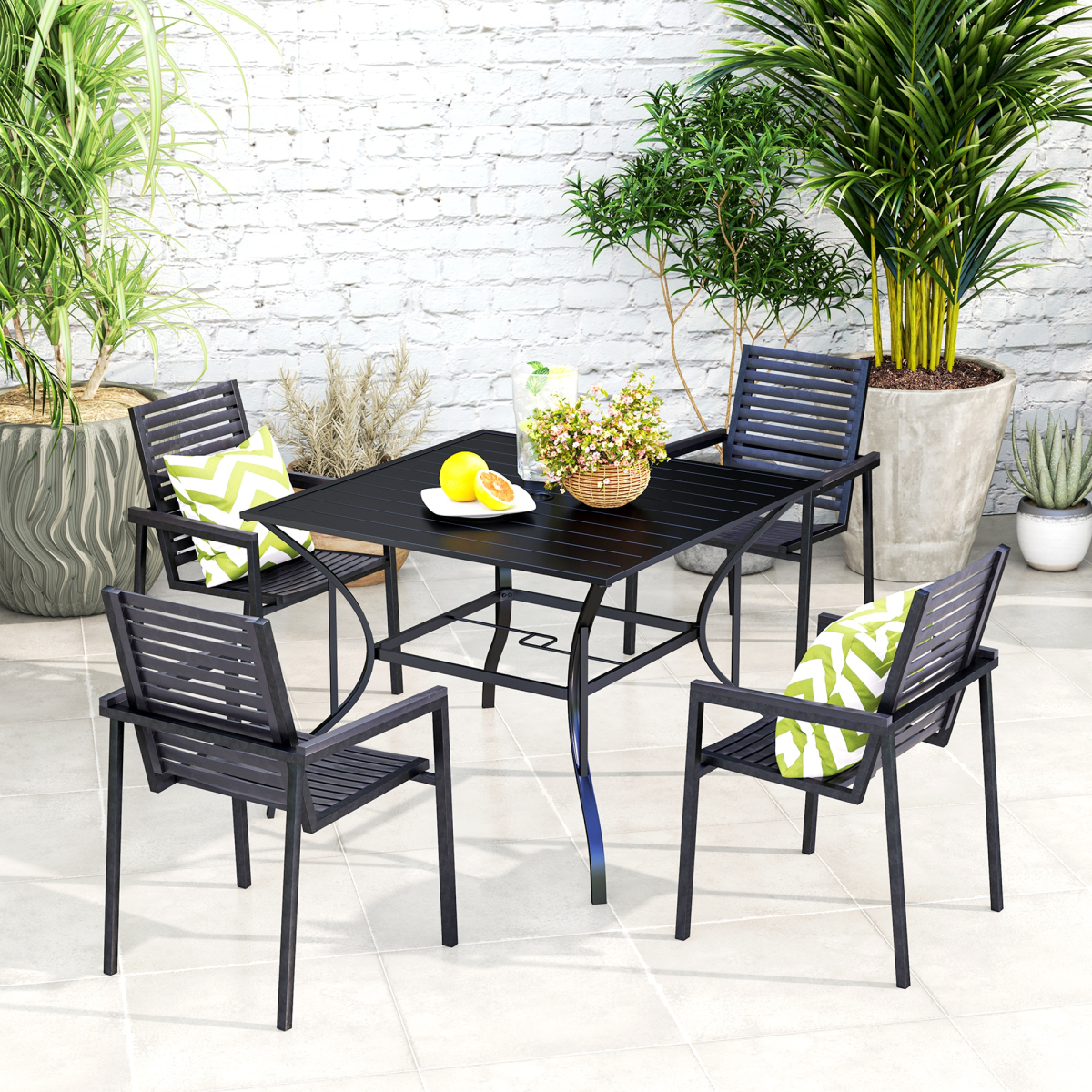 Outsunny Square Garden Table for 4 with Parasol Hole – Slatted Metal Top, Powder-Coated Steel Frame