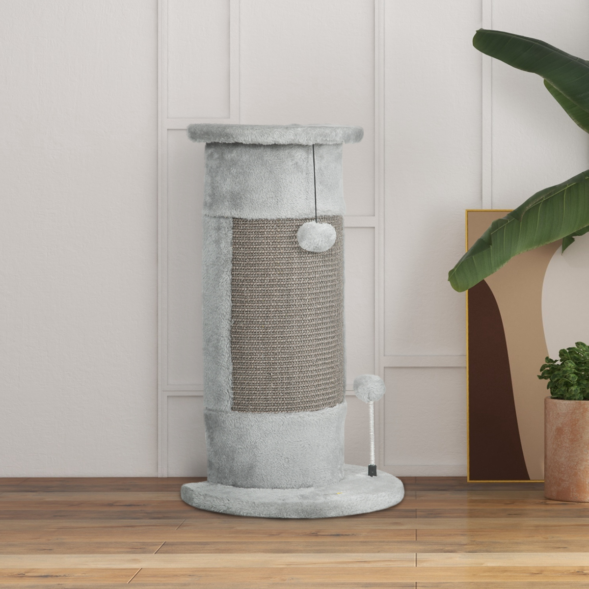 PawHut 58cm Corner Wall-Mounted Cat Scratching Post with Plush Platform, Sisal Rope & Toy Balls, Grey