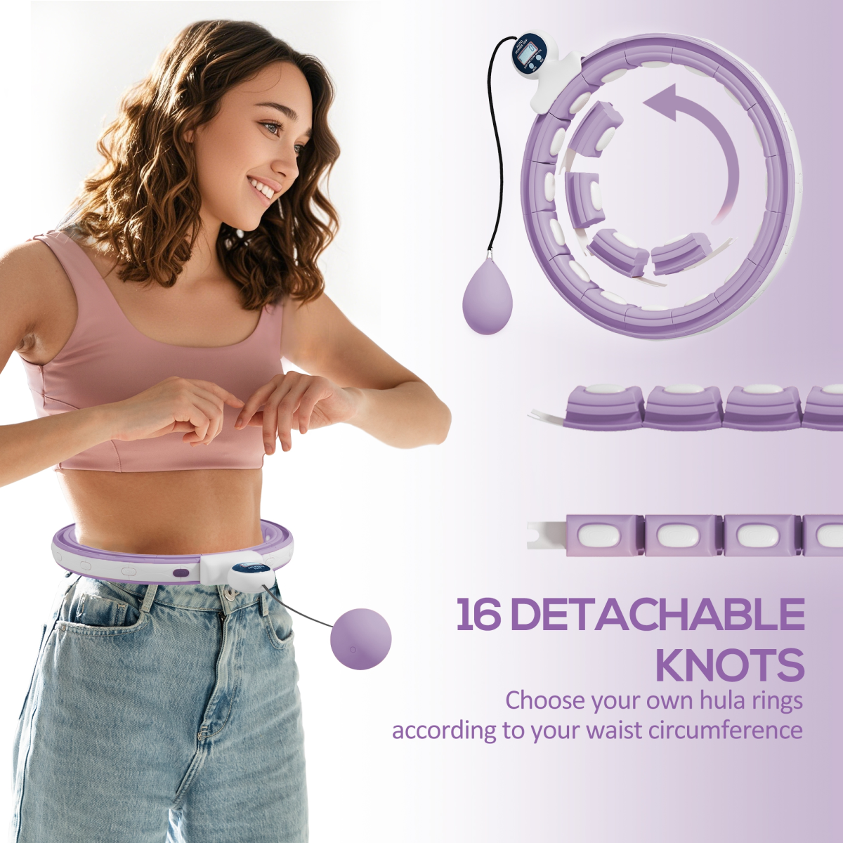 Weighted Hula Hoop with 400g Gravity Ball & Digital Counter – Adjustable 16-Section Fitness Hoop, Purple