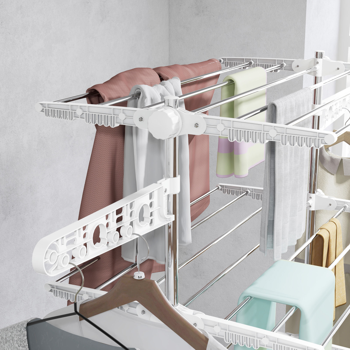 HOMCOM 4-Tier Folding Clothes Airer Rail with Wheels – Indoor Garment Drying Stand, White and Silver