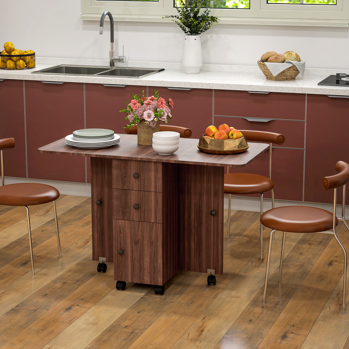 HOMCOM Folding Drop Leaf Dining Table with Drawers, Cupboard & Shelf – Space-Saving Kitchen Table, Distressed Brown