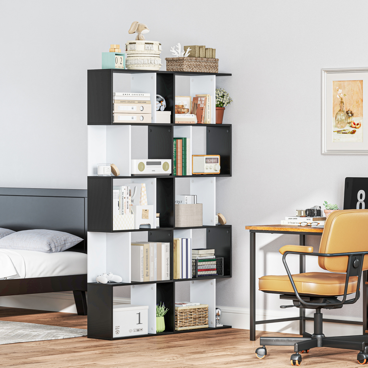 HOMCOM 5-Tier S-Shaped Bookcase – Open-Back Display Shelving and Room Divider, Black