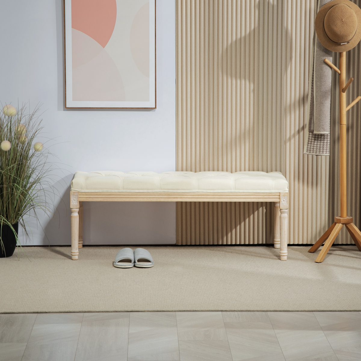 HOMCOM Upholstered End of Bed Bench, Button-Tufted Linen-Touch Ottoman, Cream White