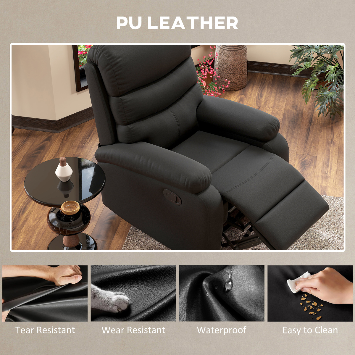 HOMCOM Manual Recliner Armchair with Retractable Footrest and Thick Padding – Living Room Chair, Black