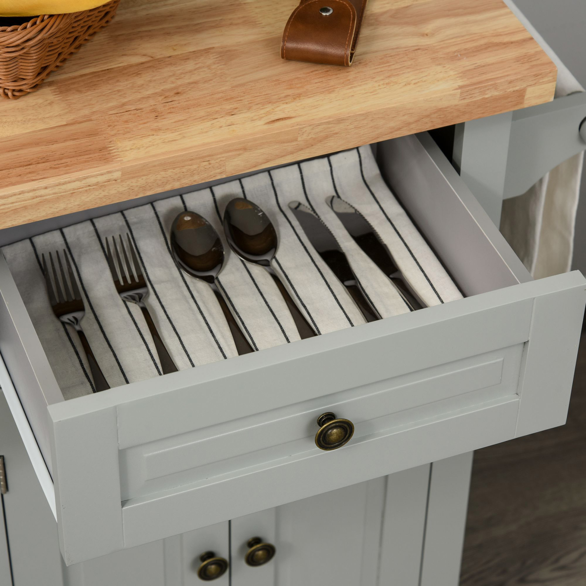 HOMCOM Rolling Kitchen Island Cart with Rubberwood Top, Spice Rack & Towel Rack – Mobile Kitchen Trolley