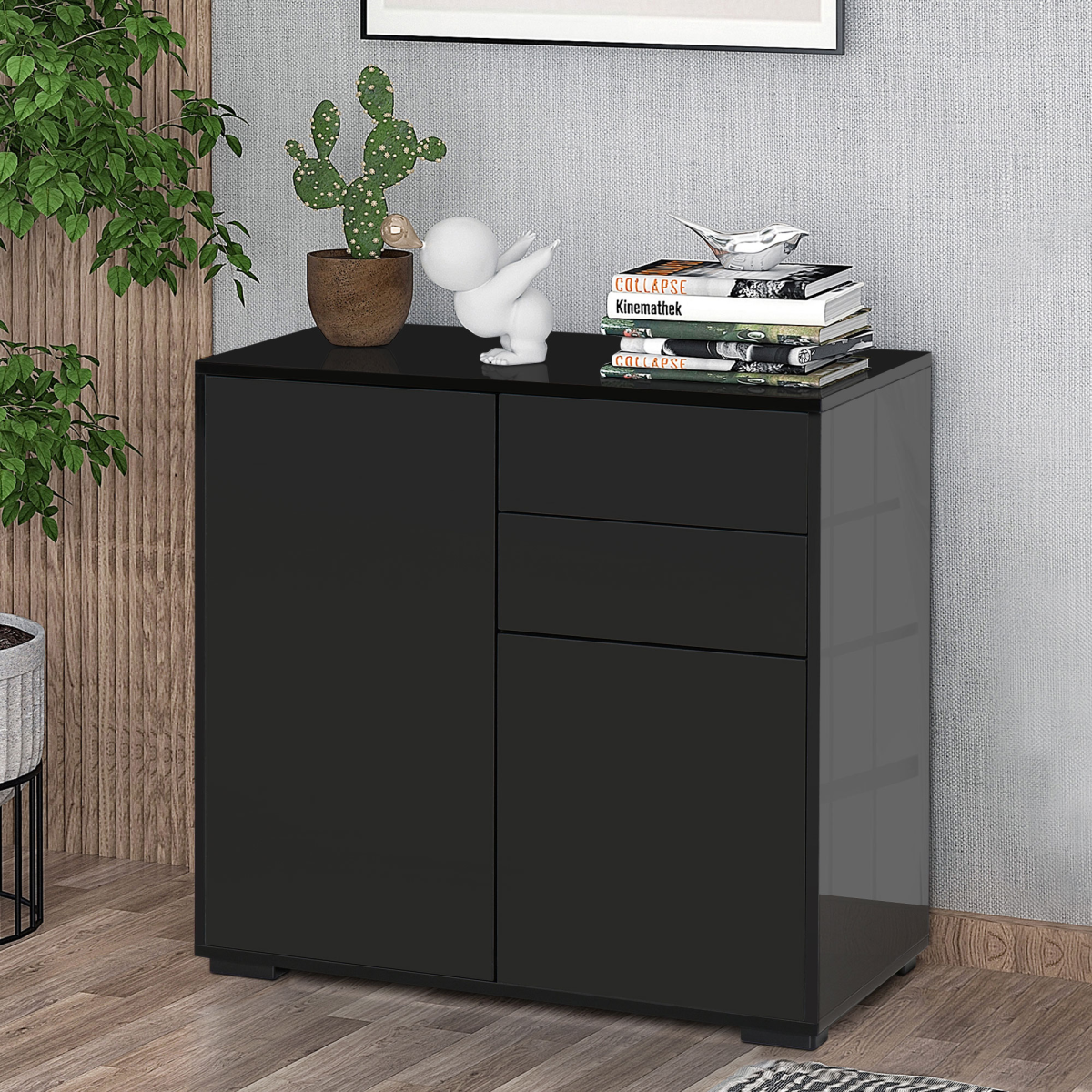 HOMCOM Gloss & Matte Side Cabinet with 2 Doors & 2 Drawers – Home Office Storage, Black