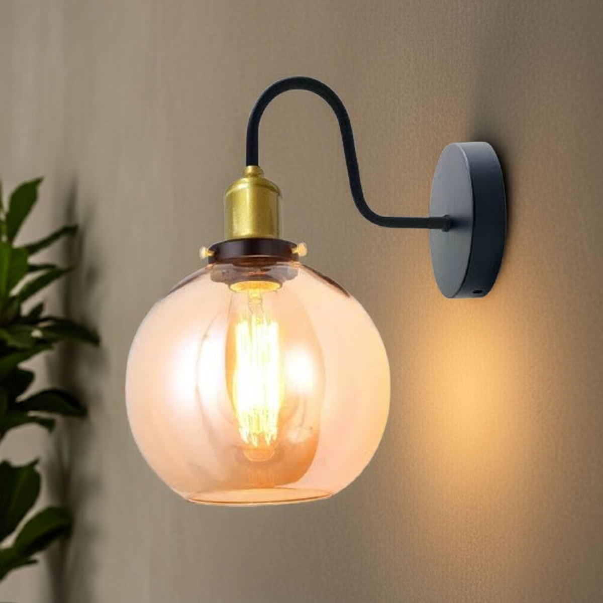 LEDSone Amber Glass Globe Wall Light with E27 Holder & Metal Back Plate – Modern Wall Sconce, Amber