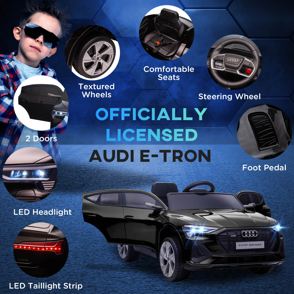 HOMCOM Audi E-tron 12V Electric Ride-On Car with Remote Control, LED Lights & Music – Kids, Black