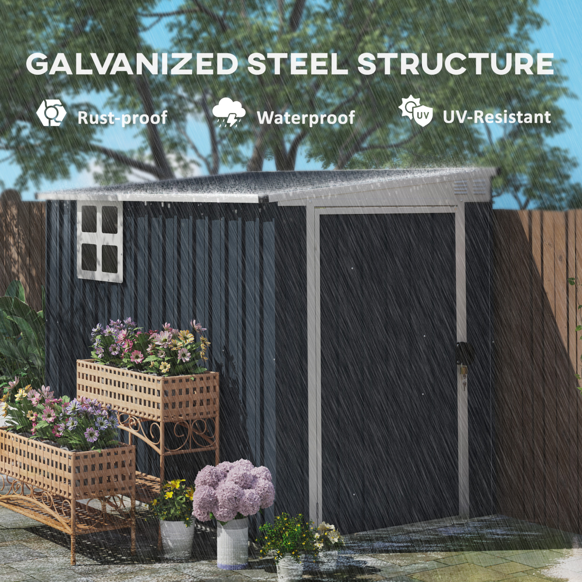 Outsunny 7.6x4ft Galvanised Steel Garden Storage Shed with Window, Vents & Lockable Door, Dark Grey