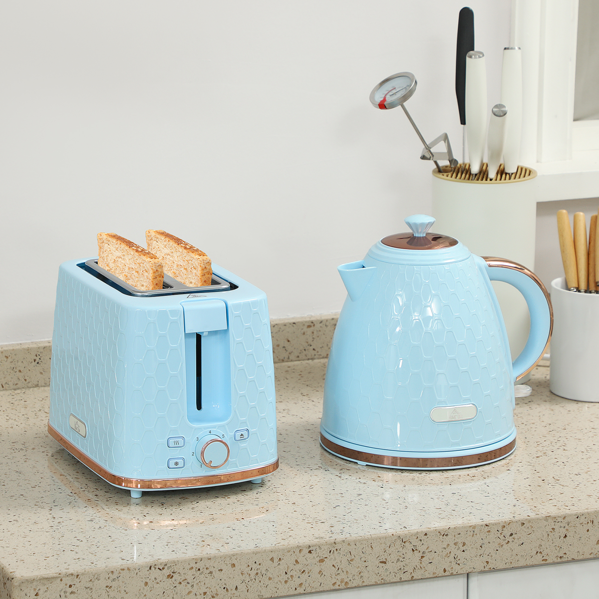 Kettle and Toaster Set with 1.7L Fast Boil Kettle, 2-Slice Toaster & 7 Browning Levels – Light Blue