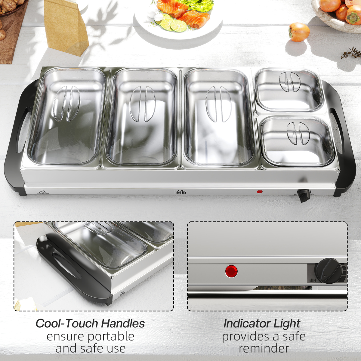 HOMCOM Electric Food Warmer with 5 Trays and Lids, 9.2L Buffet Server – Adjustable 58-85°C, Silver