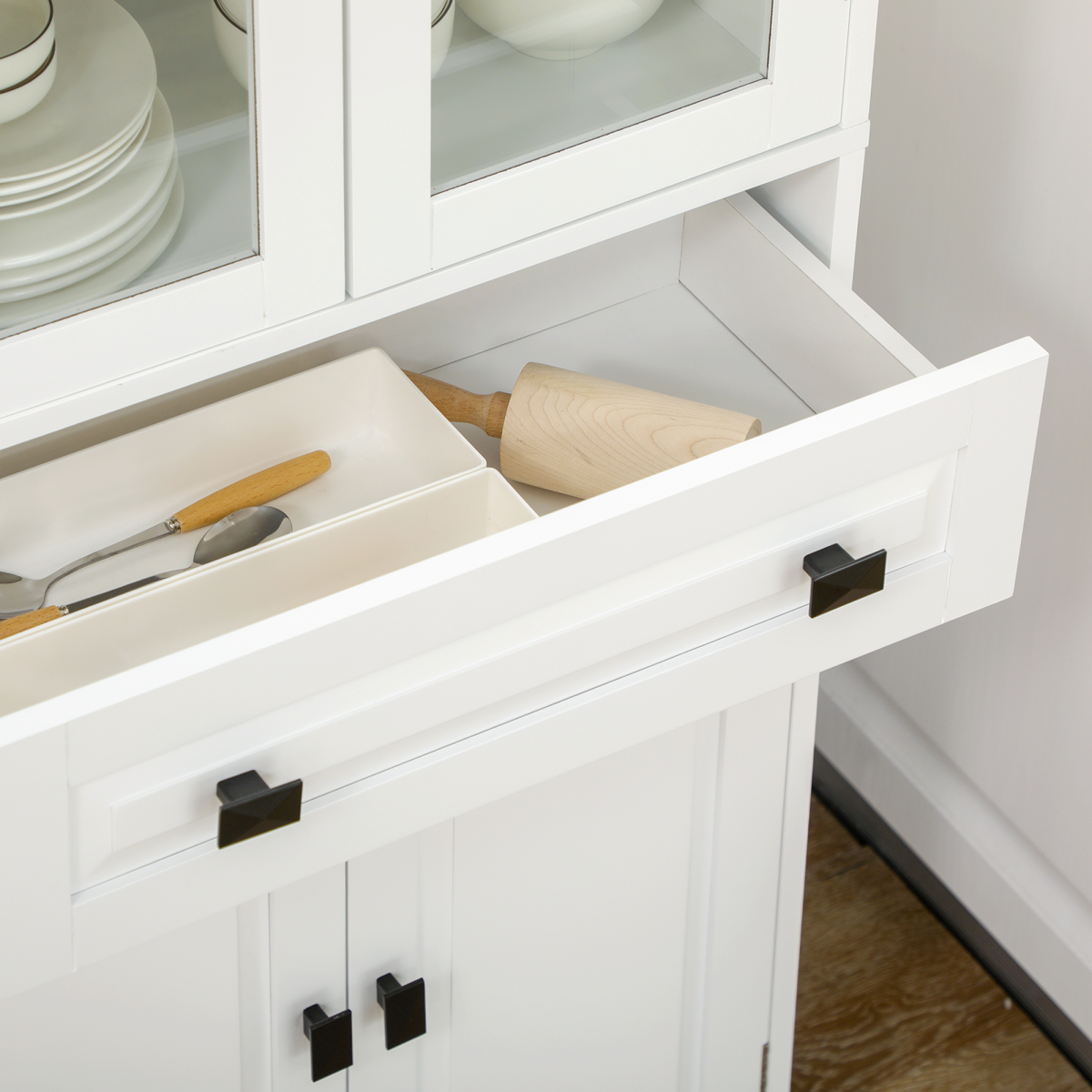 HOMCOM 160cm Kitchen Cupboard Storage Cabinet with Glass Door, Drawer & Adjustable Shelves – Pantry Unit