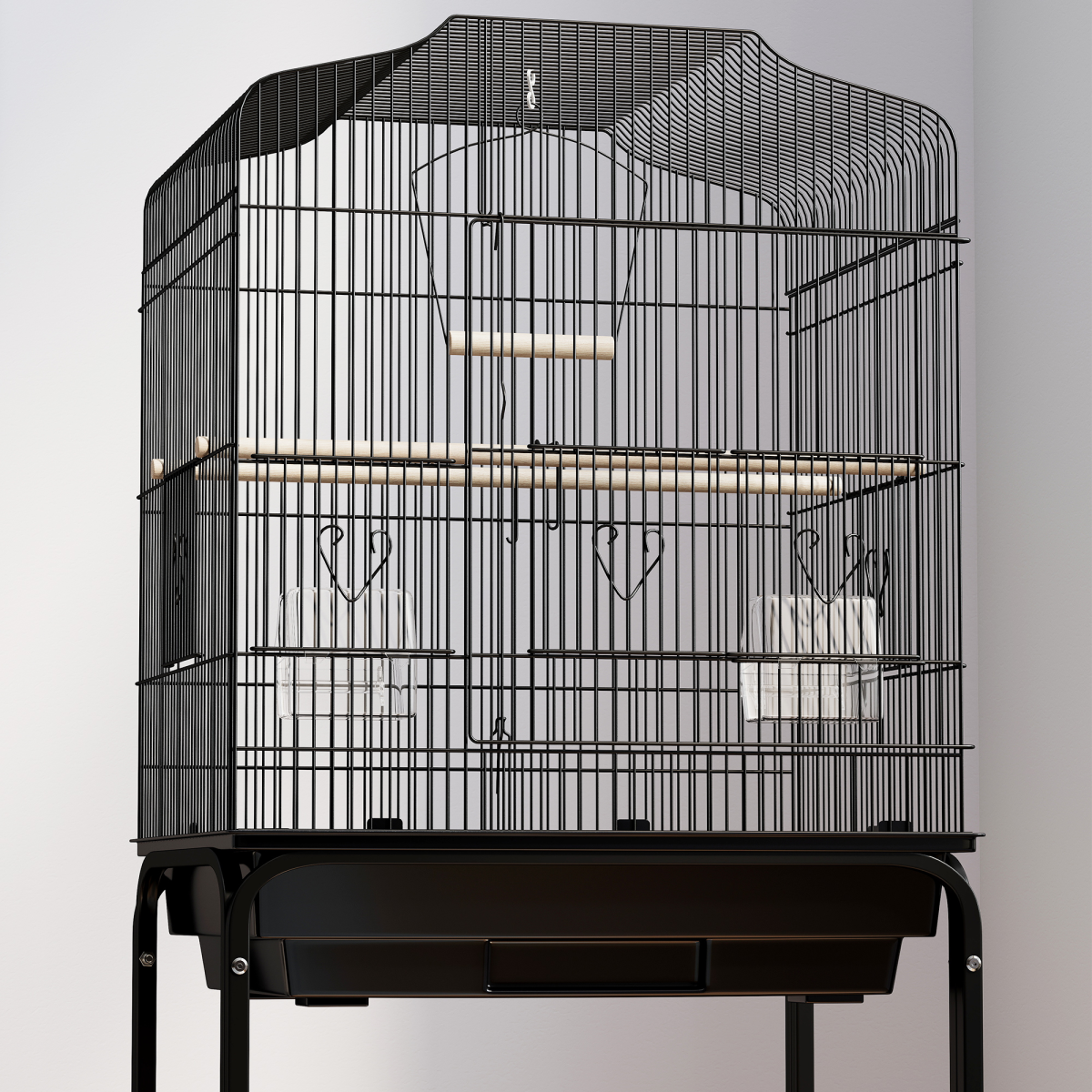 PawHut Bird Cage for Budgies, Finches, Canaries & Parakeets with Stand, Wheels & Slide-Out Tray – Black