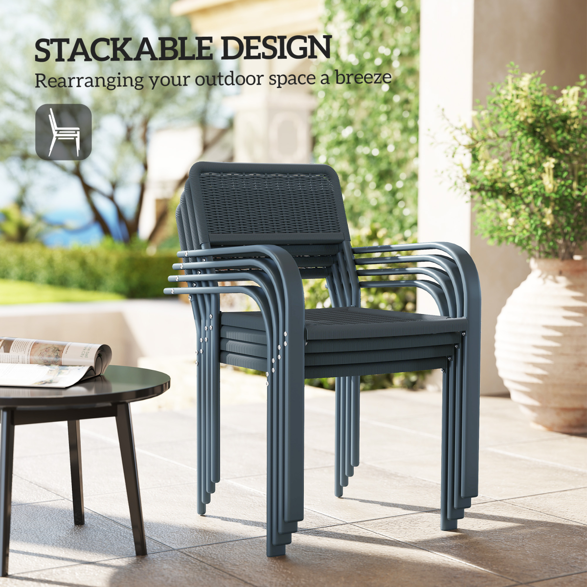 Outsunny Set of 4 Stackable Garden Chairs with Rattan Effect & Steel Frame – Space-Saving Patio Seating, Dark Grey