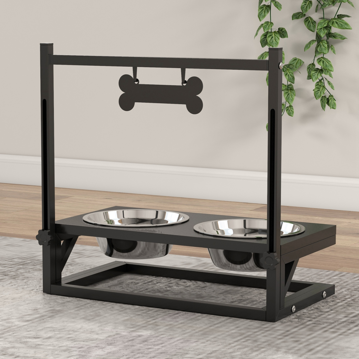 PawHut Raised Dog Bowl Stand with Two Stainless Steel Bowls – Adjustable Height Feeder, Black
