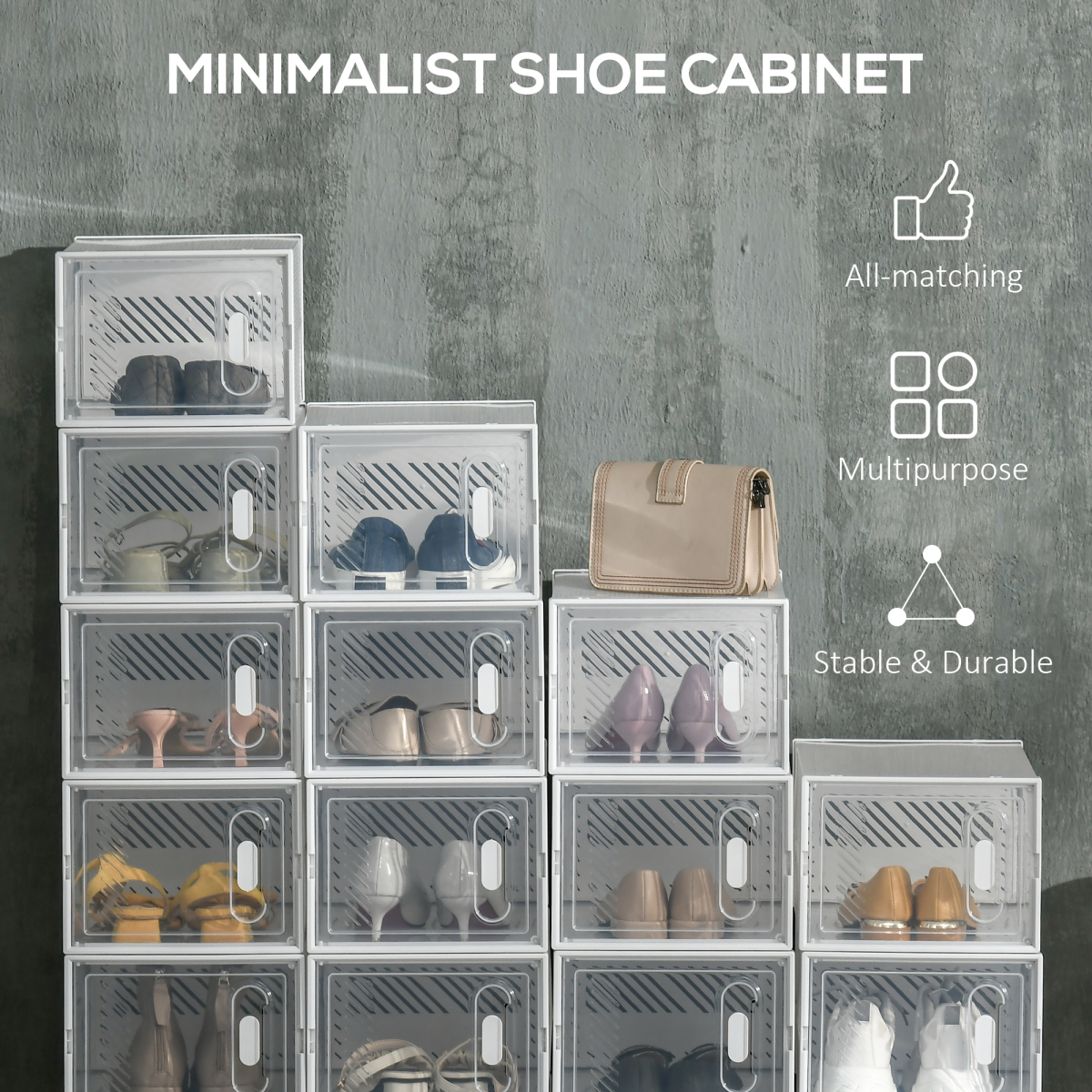 Stackable Shoe Storage Boxes, Set of 18 Clear Plastic Shoe Organisers with Magnetic Doors – Clear & White