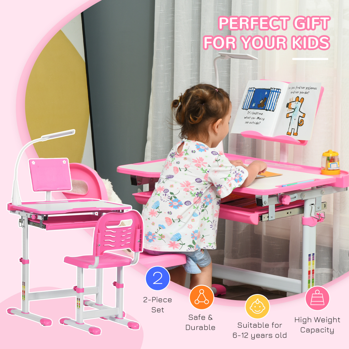 HOMCOM Kids Study Desk and Chair Set with Height Adjustment, Storage Drawer & USB Lamp – Pink