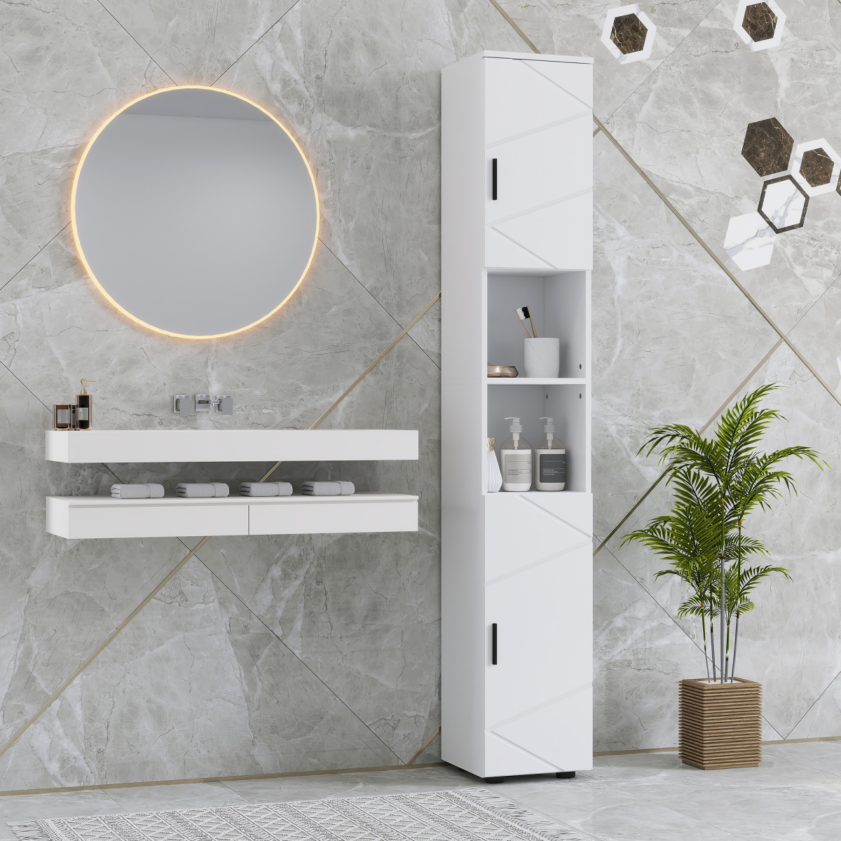 kleankin Tall Slim Bathroom Cabinet with Soft Close Doors & Open Shelves – Freestanding Storage, White
