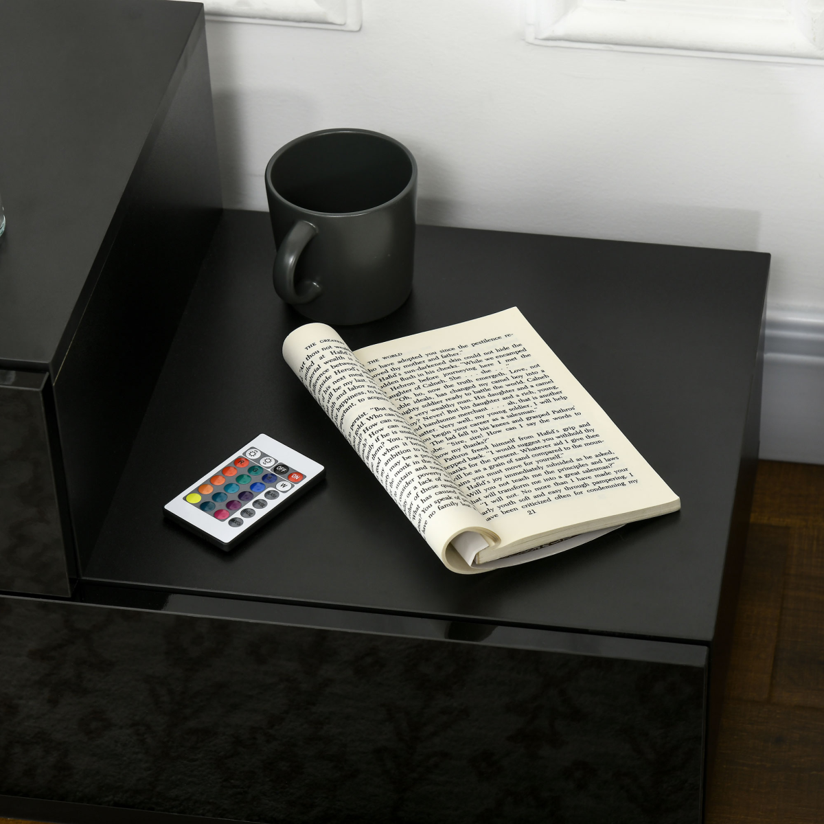 HOMCOM High Gloss Bedside Table with 2 Drawers and LED Light Remote – Modern Nightstand, Black