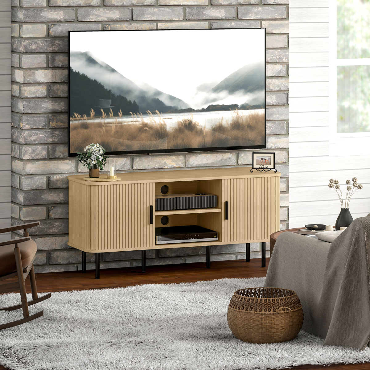 HOMCOM TV Unit with Two Open Shelves, Two Cupboards & Cable Management – Living Room Media Storage, Oak Tone