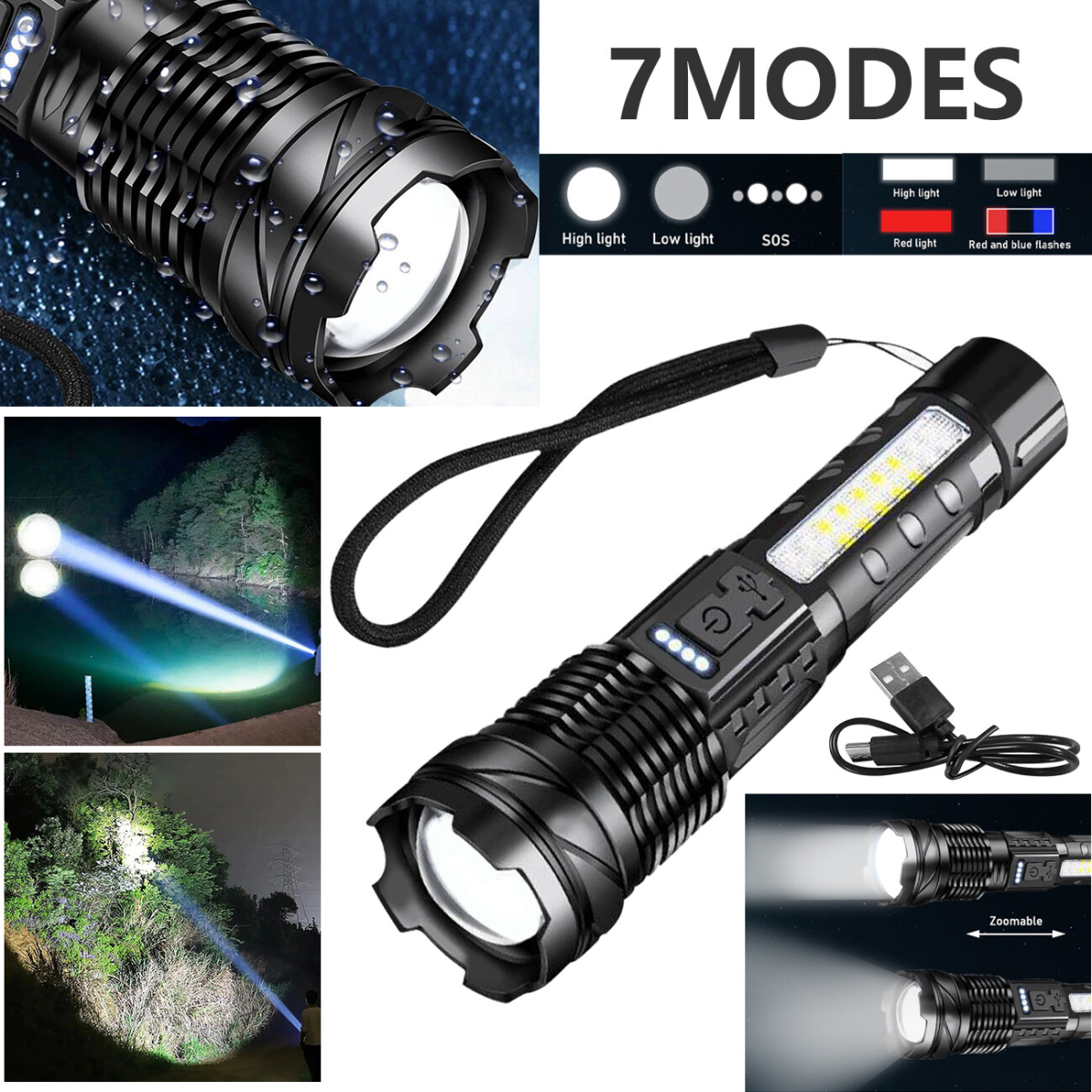 USB Rechargeable LED Flashlight with Adjustable Zoom and 7 Modes – Type-C Camping, Hiking and Work Torch