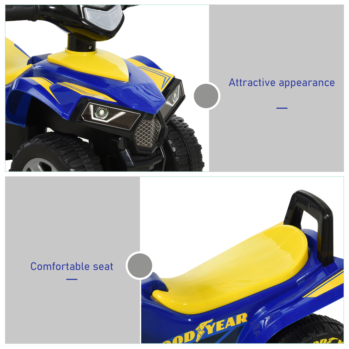 HOMCOM Goodyear Baby Quad Ride-On Walker with Lights, Horn & Storage – Sliding Toy for 18-36 Months, Blue and Yellow