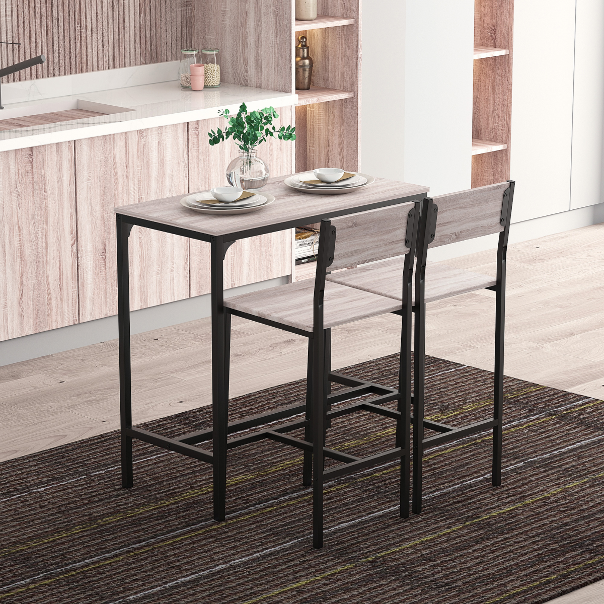HOMCOM 3-Piece Bar Table and Stool Set with Metal Frame and MDF Top – Compact Breakfast Bar, Black