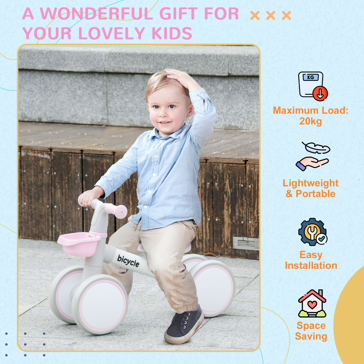 AIYAPLAY Kids Balance Bike with Adjustable Seat and Silent Tyres – Ages 1-3 Years, Pink